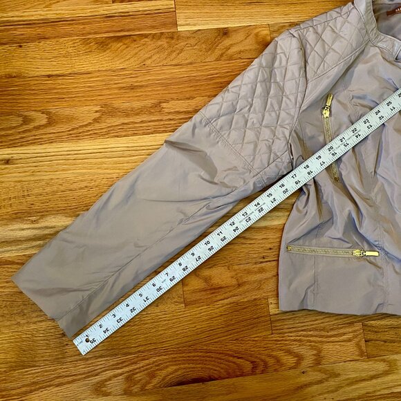 Ellen Tracy Sz Large Cropped Moto Jacket Diagonal Zip Front Quilted Khaki Gold - Picture 10 of 10
